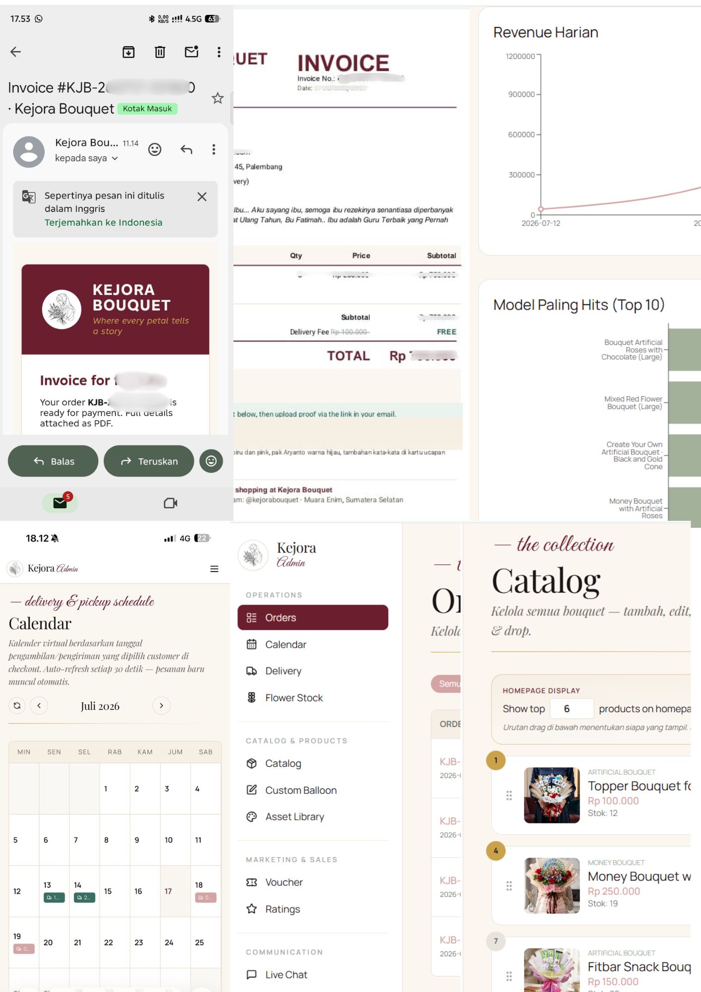 Admin dashboard, invoice email, and catalog — the new organized system
